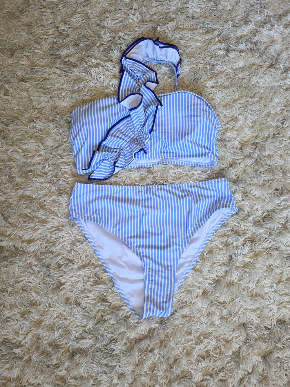SHEIN Blue & White Striped Ruffle Bandeau Bikini Set
